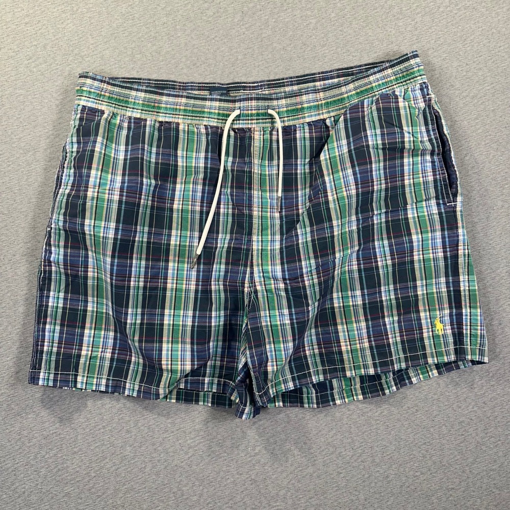 Polo Ralph Lauren Plaid Swim Trunks Mens XL Green Blue Madras Drawstring Unlined